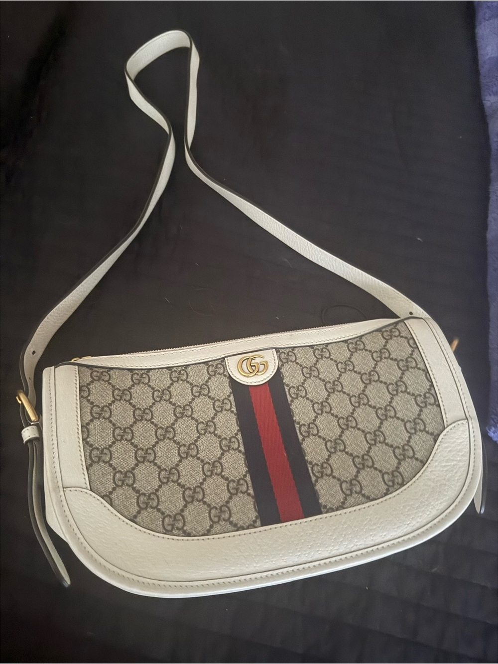 Gucci White GG Canvas Shoulder Bag with Red and Blue Web Stripe
